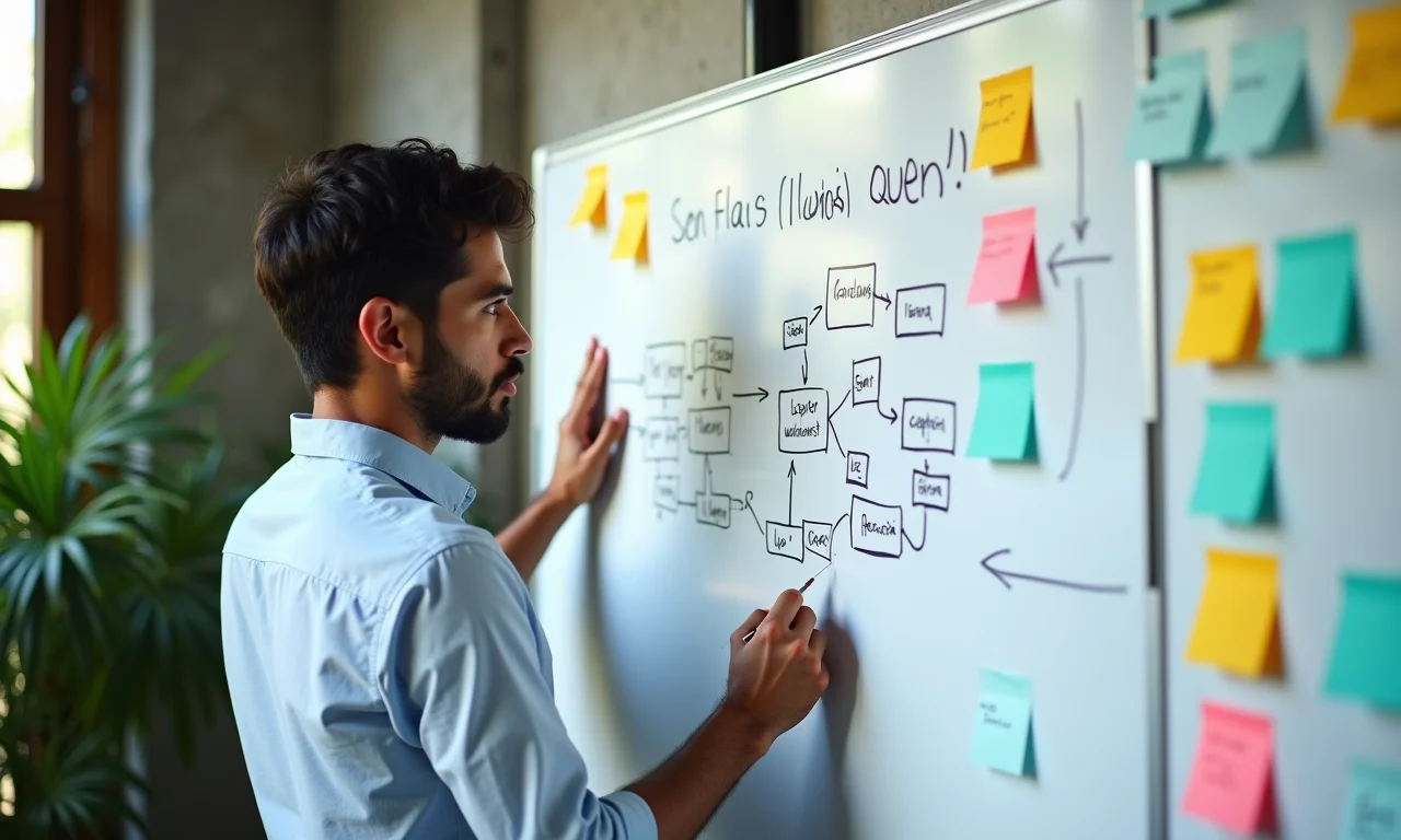 UX writer brasileira esboçando fluxos de usuário em um quadro branco.