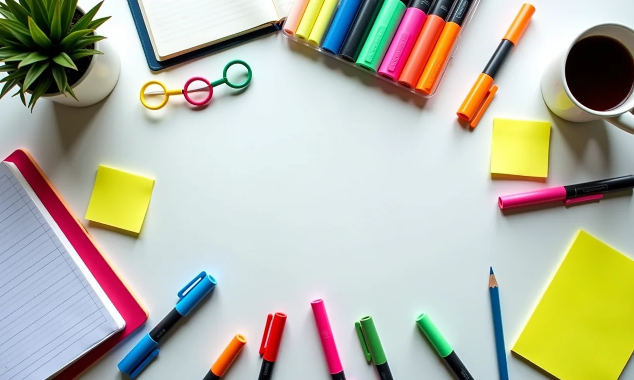 Visão geral de mesa organizada com canetas coloridas e materiais para anotações.
