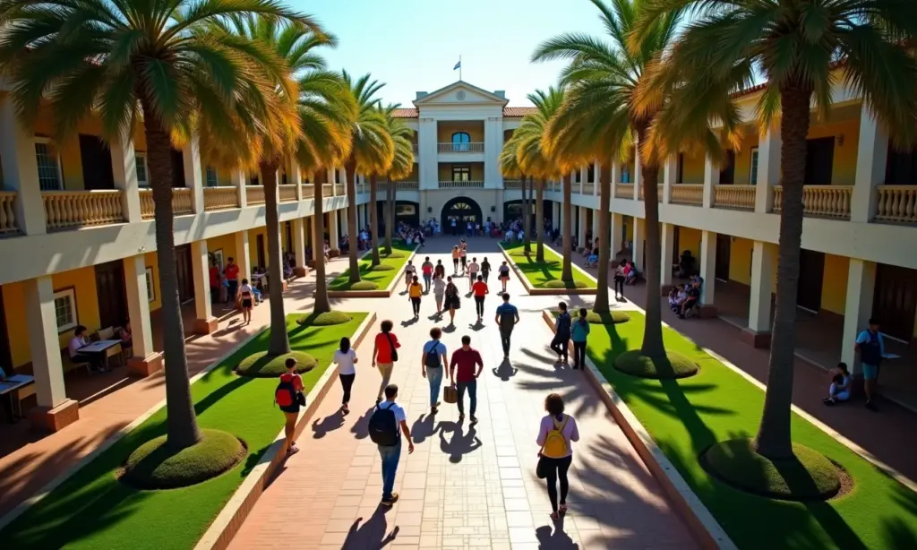 Vista aérea de um campus universitário brasileiro vibrante, representando excelência global em educação.