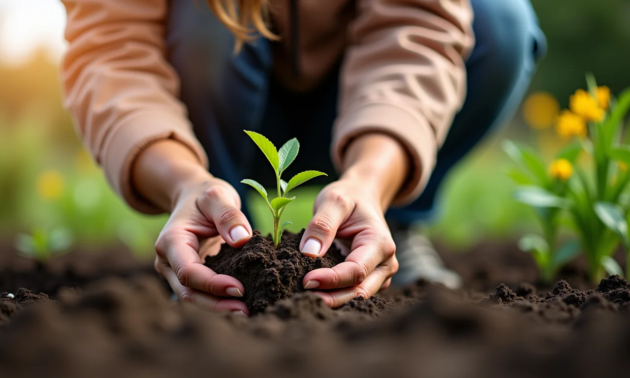 Voluntária plantando mudas em horta comunitária.