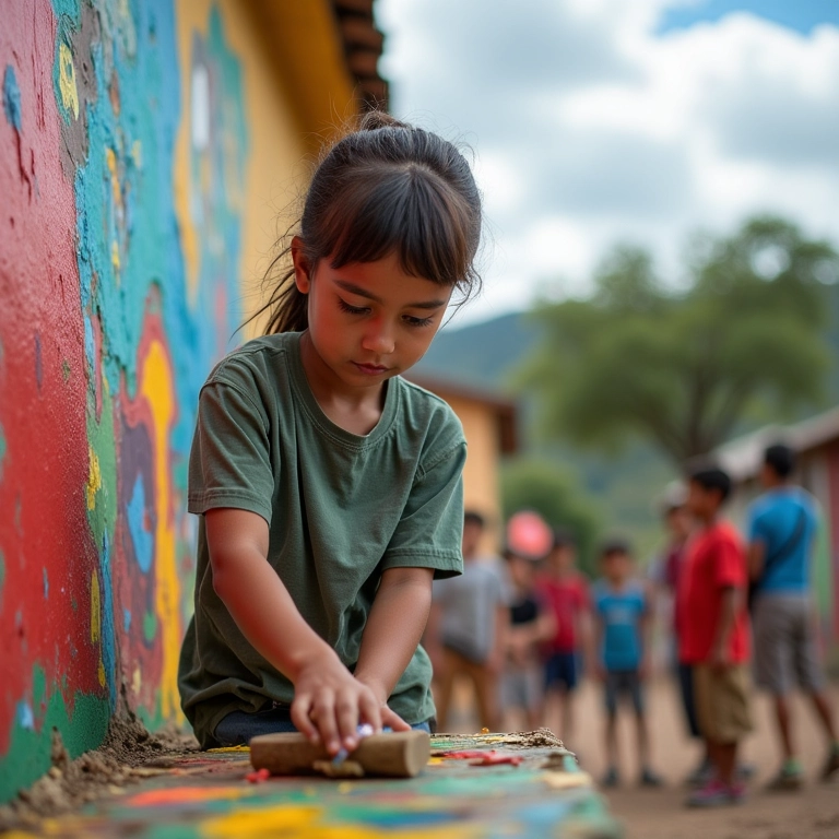 Voluntário brasileiro ajudando em projeto de pintura em favela.