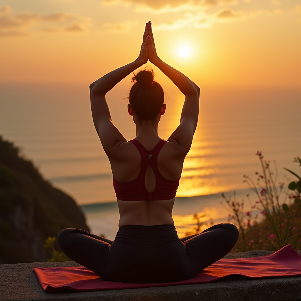 Mulher praticando yoga ao ar livre no Rio de Janeiro.
