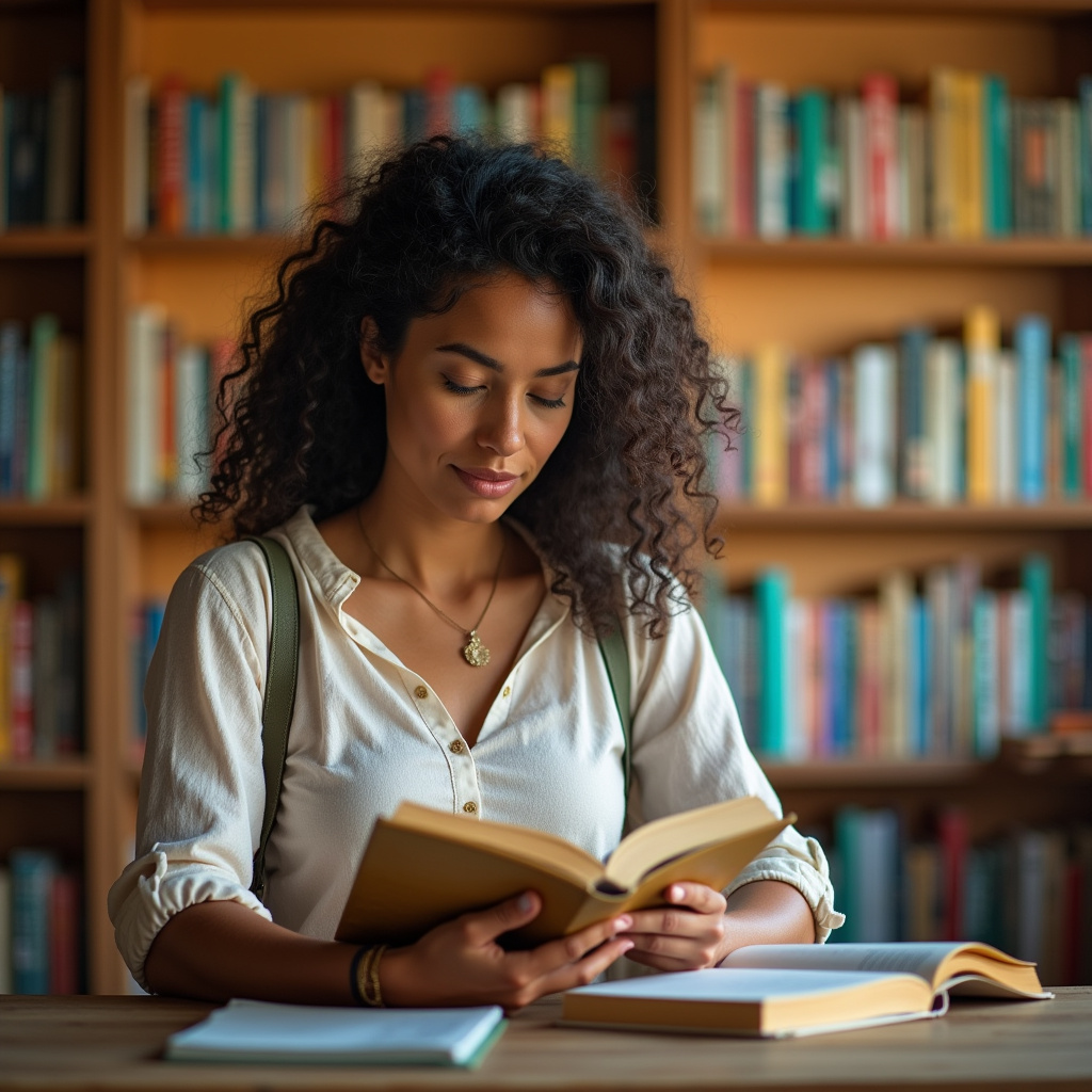 Mulher estudando livros sobre terapia holística.