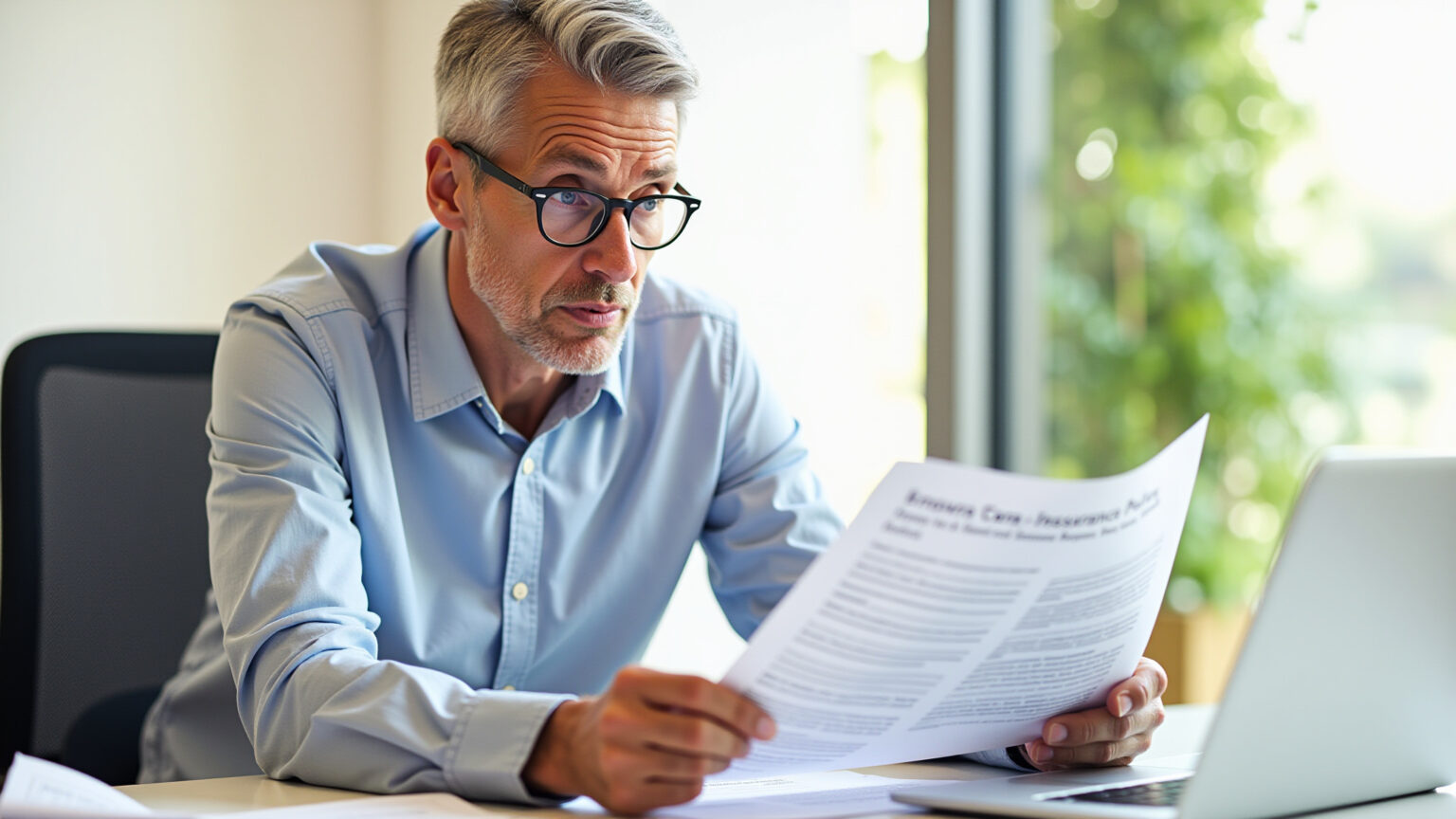 Empreendedor preocupado analisando apólice de seguro de vida.