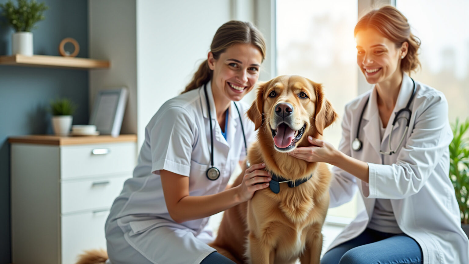 Veterinária examinando golden retriever em clínica moderna.
