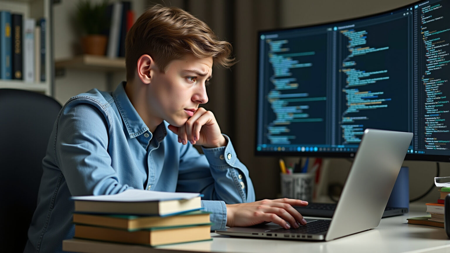 Jovem desenvolvedor confuso com código, cercado por livros de tecnologia desatualizados.