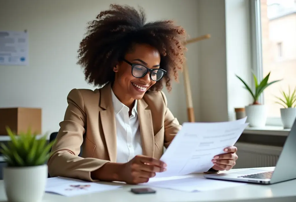Mulher negra sorrindo enquanto organiza documentos financeiros em sua mesa.